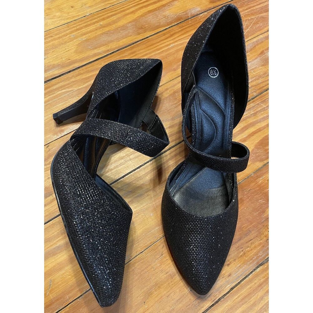 Mysoft Pointed Toe Low Stiletto Heel Black Glitter Dress‎ Pumps Size 6.5 EUC